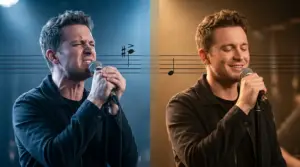 A singer struggling to sing a song until the pitch got adjusted to his comfort level