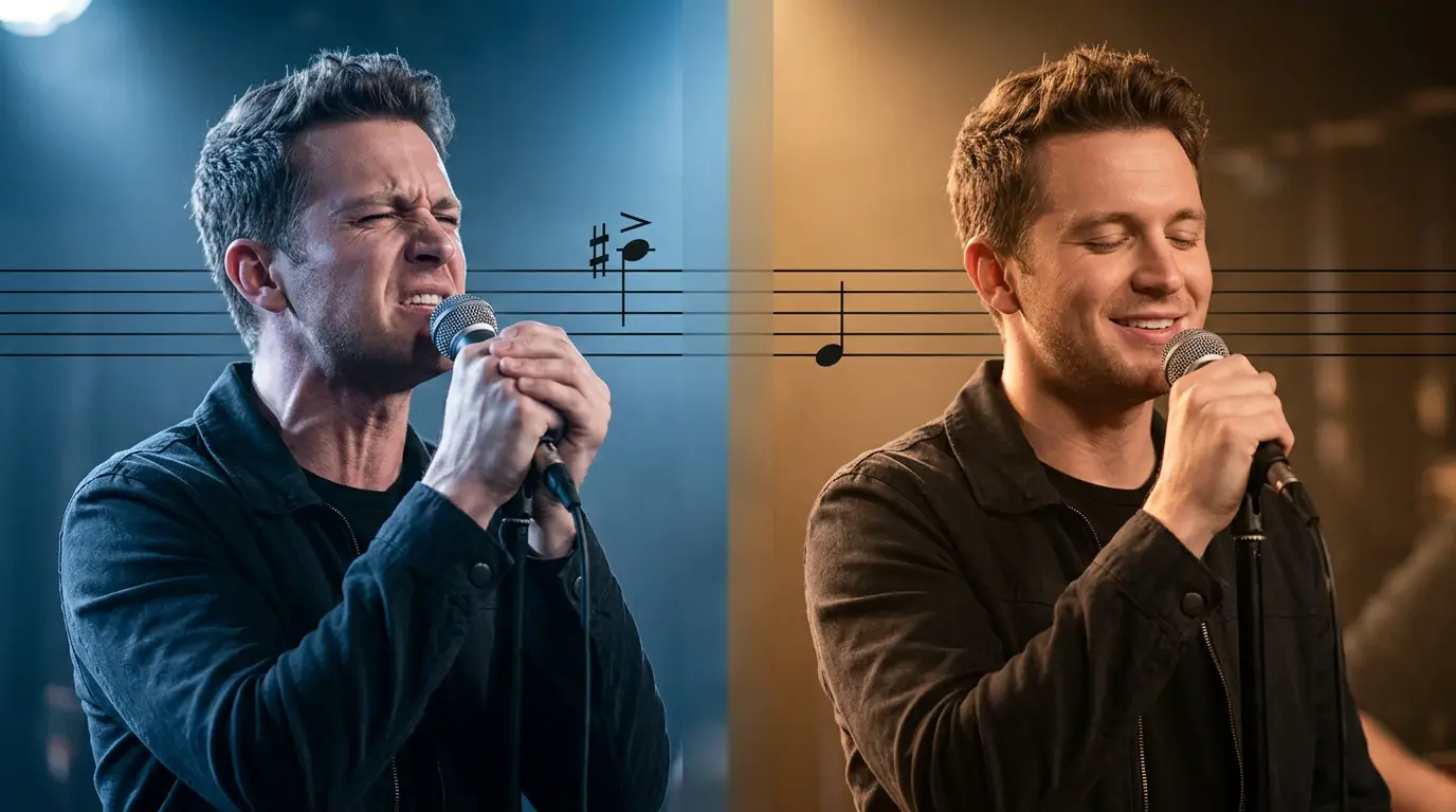 A singer struggling to sing a song until the pitch got adjusted to his comfort level